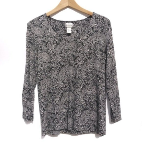 Chico's 0 Paisley Floral B&W Long Sleeve Top S / 4 SBUX - Picture 4 of 7